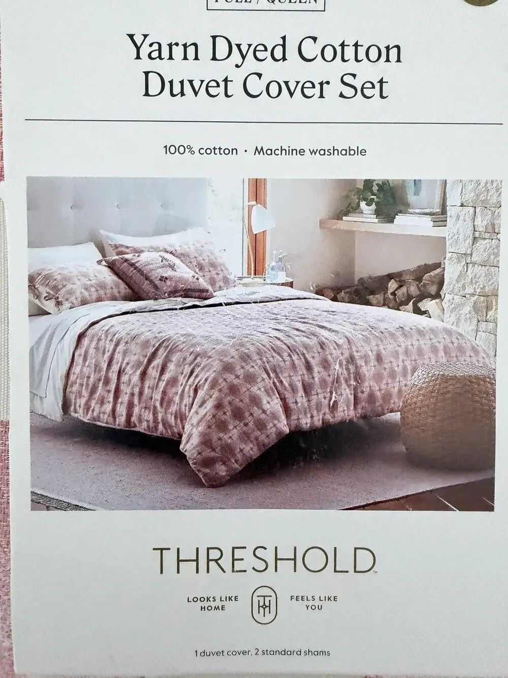 New Full/Queen Size Threshold 3 pc Printed Yarn Dyed Cotton Duvet Cover Set